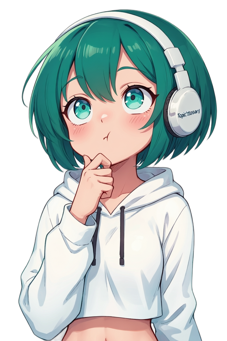 Topi with a finger to her chin, thinking about this conversation topic